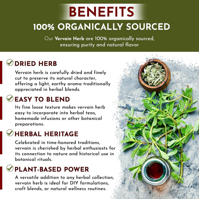 Organic Way Vervain Herb (Verbena officinalis) Cut and sifted | Herbal Tea | Non-GMO & Gluten Free | Resealable Bag | Raw from Albania
