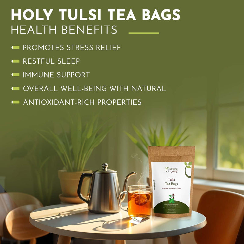 Holy Basil, Tulsi Pyramid Tea Bags | Herbal Blend for Natural Cleansing & Balanced Lifestyle | Herbal Slimming Pyramid Tea Bags | Caffeine Free 100% Natural Ingredients | ECO Conscious Tea Bags | 4.5 OZ (Pack of 50)