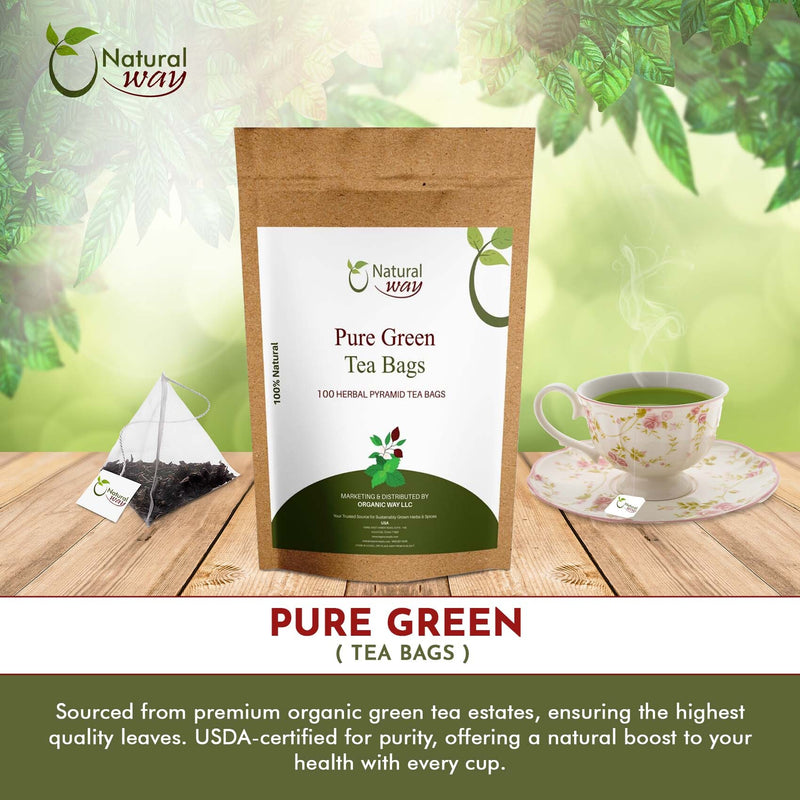 Pure Green Tea Bags | Caffeine-Free Pyramid Tea Bags,100% Natural Ingredients, ECO Conscious Packaging | Herbal Tea for Relaxation | Rich Flavor, and Sustainable Enjoyment,  9 Oz (Pack of 100)