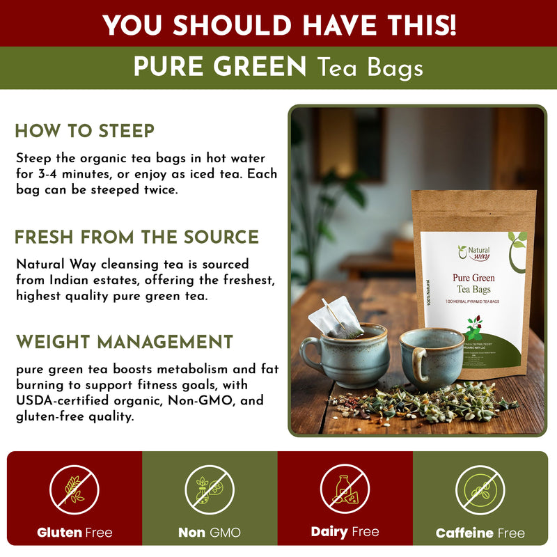 Pure Green Tea Bags | Caffeine-Free Pyramid Tea Bags,100% Natural Ingredients, ECO Conscious Packaging | Herbal Tea for Relaxation | Rich Flavor, and Sustainable Enjoyment
