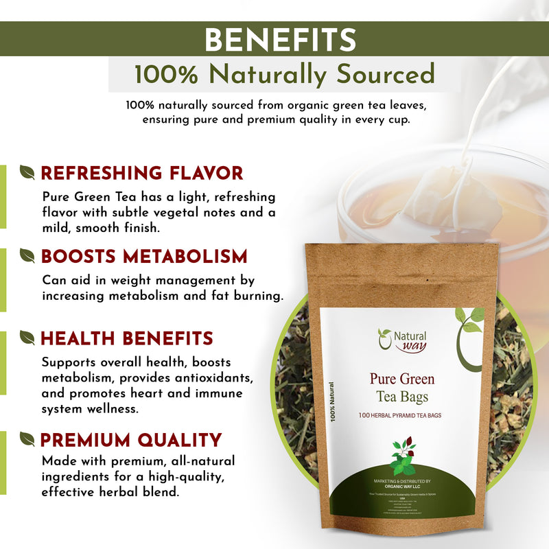 Pure Green Tea Bags | Caffeine-Free Pyramid Tea Bags,100% Natural Ingredients, ECO Conscious Packaging | Herbal Tea for Relaxation | Rich Flavor, and Sustainable Enjoyment