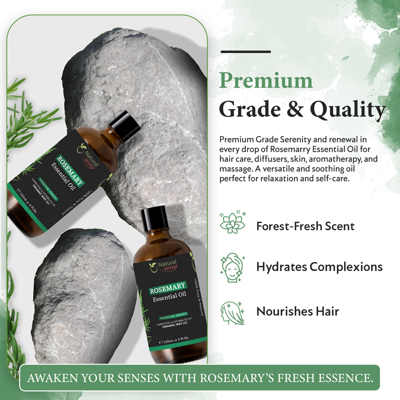 Natural Way Rosemary Essential Oil | Pure Aromatherapy Oil for Diffusers, Hair Growth, Skin, Scalp Care, Massage | Refreshing Hair Oil for Women & Men | Organic Essential Oil for Diffuser | 4 Fl Oz (120 mL)