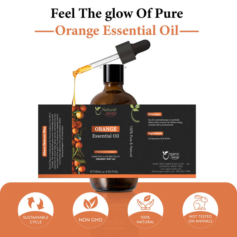 Natural Way Orange Essential oil | Pure Aromatherapy Oil for Diffusers, Hair Growth, Skin, Scalp Care, Massage | Refreshing Hair Oil for Women & Men | Organic Essential Oil for Diffuser | 4 Fl Oz (120 mL)