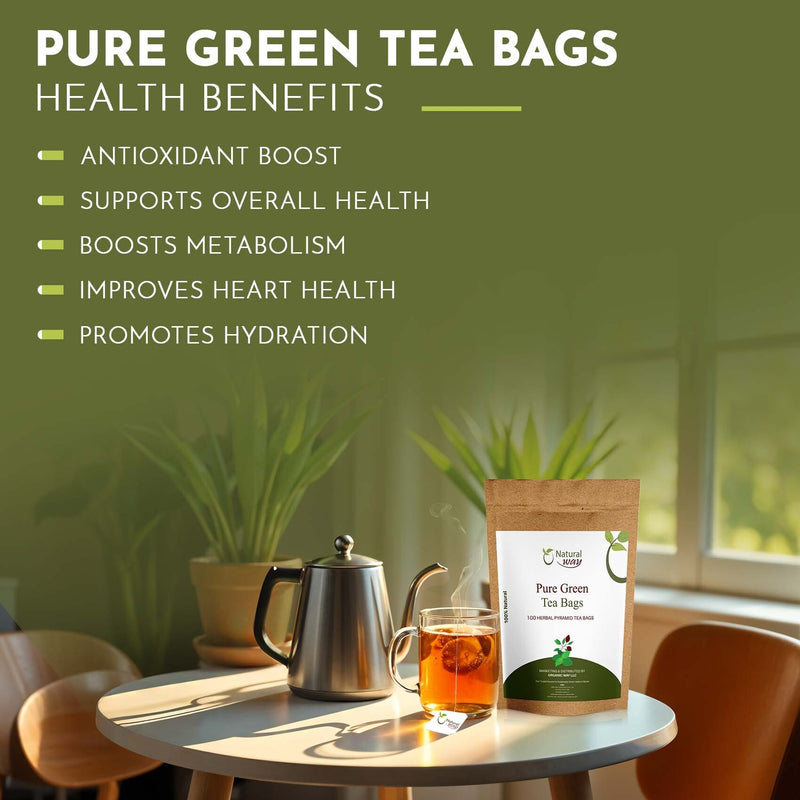 Pure Green Tea Bags | Caffeine-Free Pyramid Tea Bags,100% Natural Ingredients, ECO Conscious Packaging | Herbal Tea for Relaxation | Rich Flavor, and Sustainable Enjoyment,  9 Oz (Pack of 100)