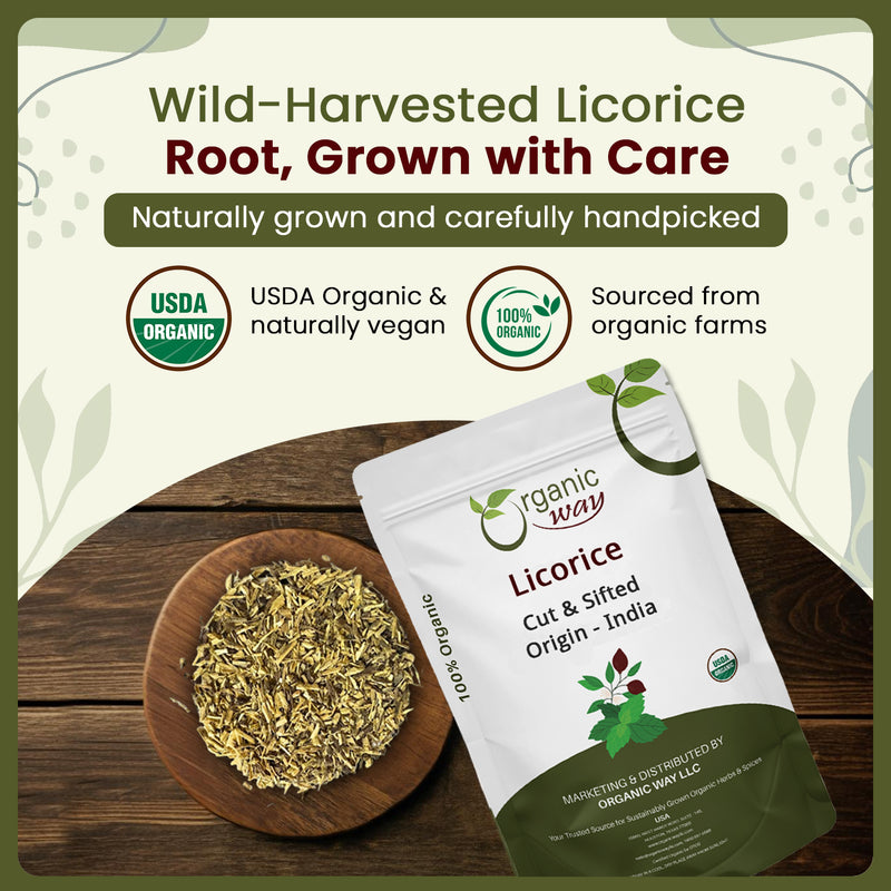 Licorice Root Cut & Sifted (Glycyrrhiza glabra) - Herbal Tea | Kosher & USDA Certified | Vegan, Non-GMO & Gluten Free | Resealable Bag | 100% Raw from India